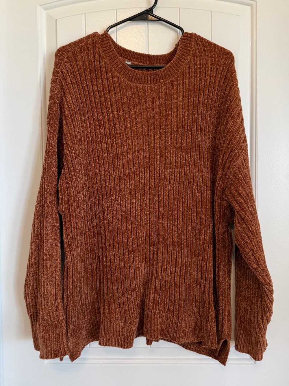 Cozy rust-colored chenille knit sweater with a classic crew neck
